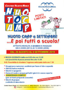 Nuoto Camp a settembre: dal 26 agosto al 6 settembre 2019