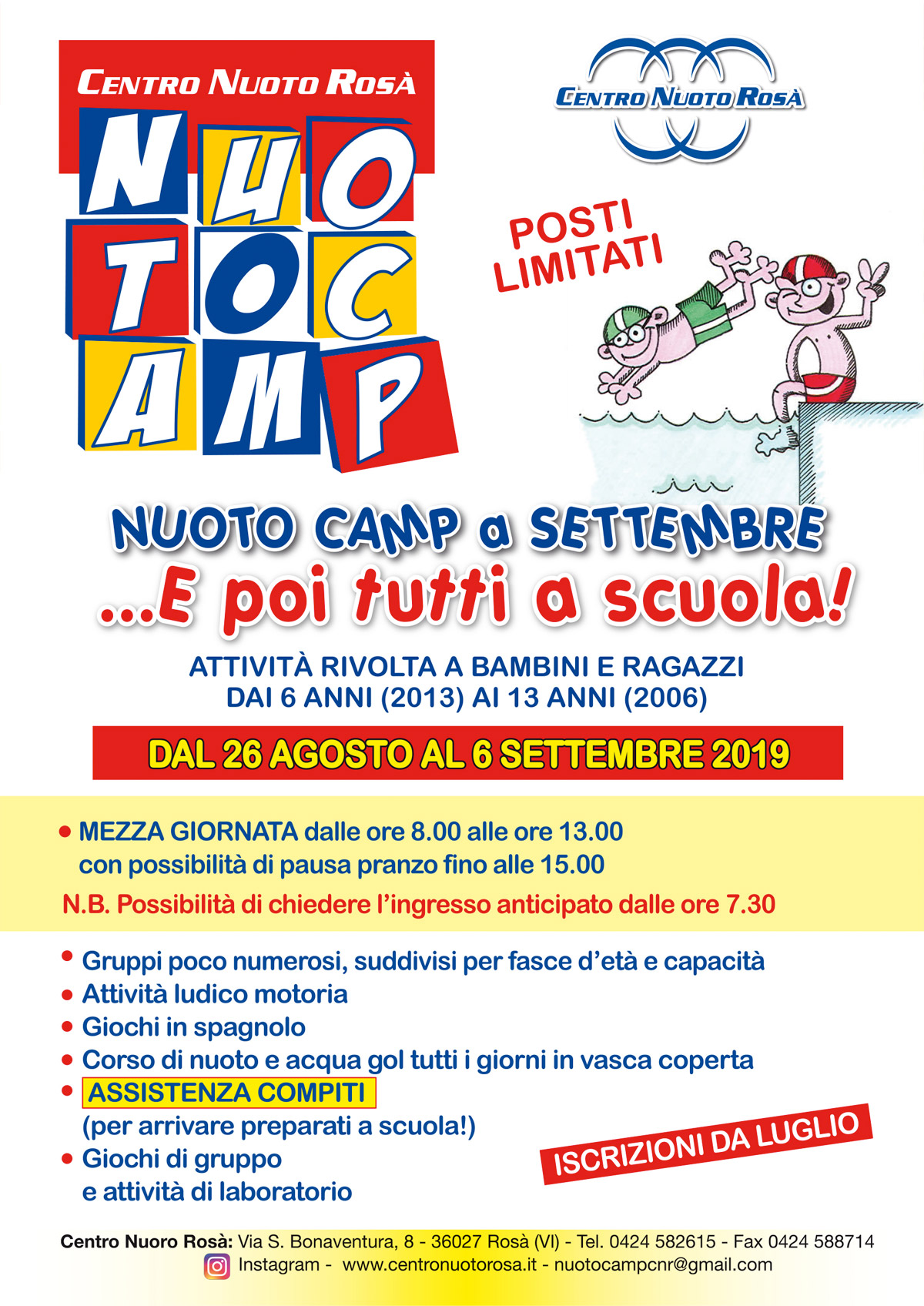 Nuoto Camp a settembre: dal 26 agosto al 6 settembre 2019